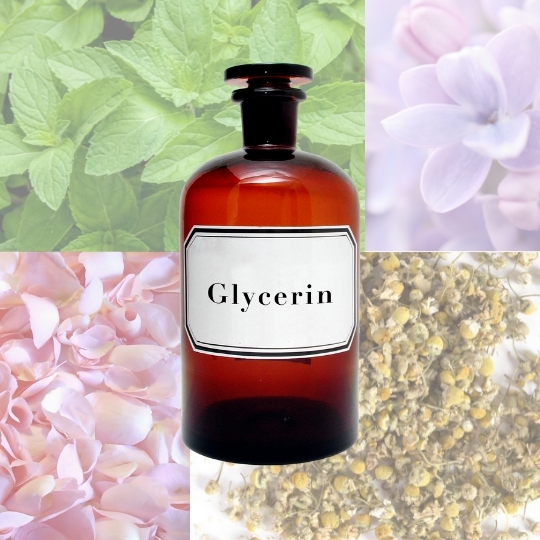 Apothecers bottle of glycerine overlaying a range of flowers